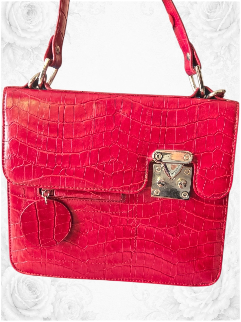 Vintage Elka Croc Embossed Structured Shoulder Bag Red 1990s